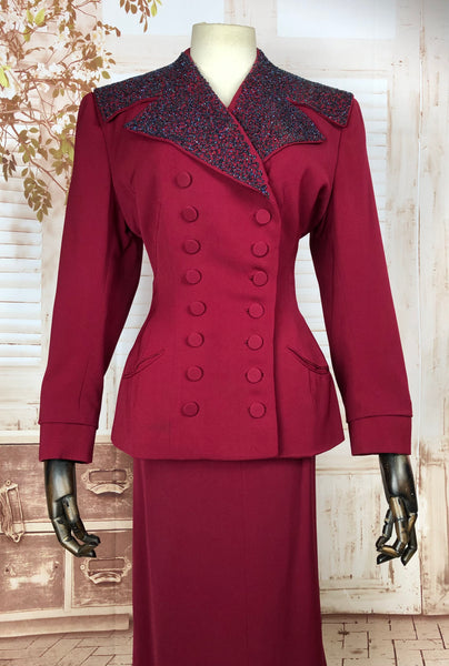 Breathtaking Original 1940s 40s Vintage Red Gabardine Skirt Suit With Beaded Collar By Chappi