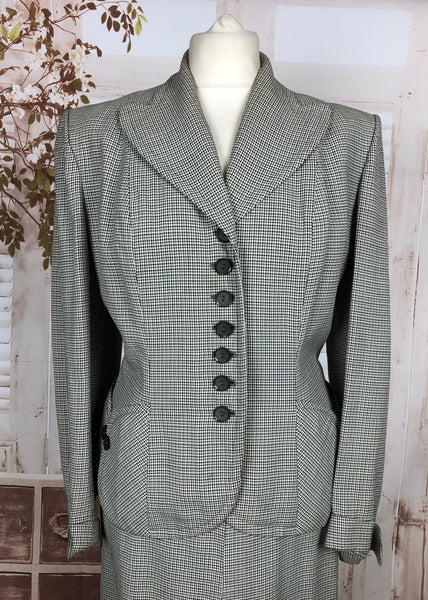 Original 1940s 40s Vintage Black And Mustard Micro Houndstooth Skirt Suit