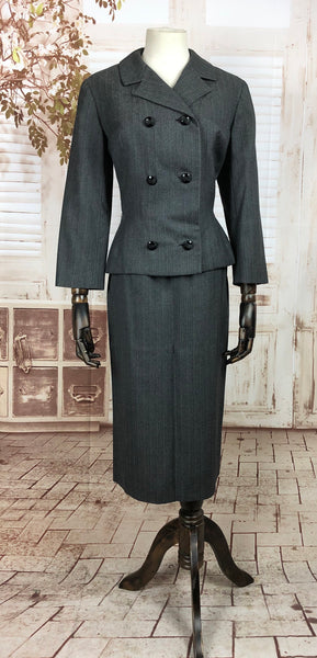 Original 1950s 50s Vintage Grey Self Striped Suit By Adele Simpson