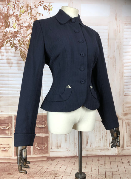 Amazing Original 1940s 40s Navy Blue Vintage Self Stripe Blazer With Arrow Detailing