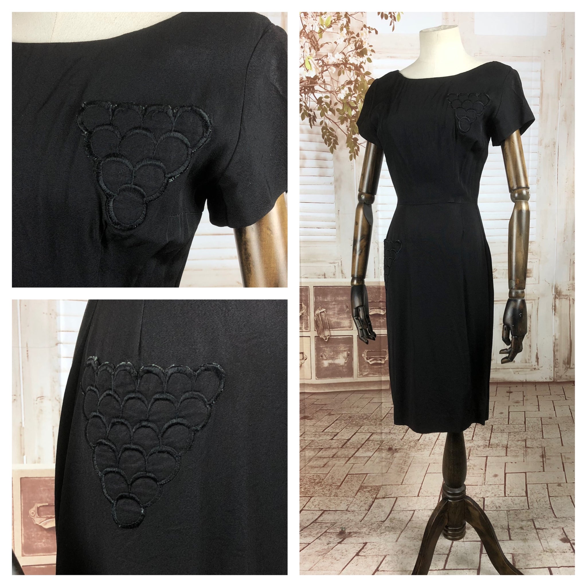 Original Late 1940s 40s Vintage Black Faille Dress With Appliqué Grape Decoration