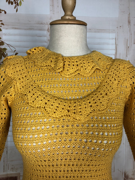Beautiful Original 1930s Vintage Mustard Yellow Lace Knit Sweater Jumper
