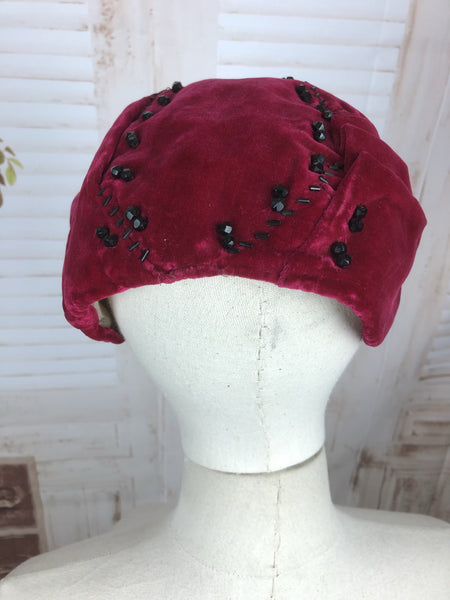 Original 1950s 50s Vintage Burgundy Pink Beaded Velvet Half Hat