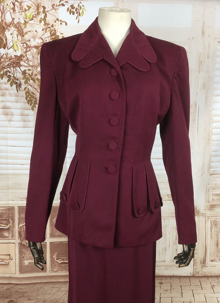 LAYAWAY PAYMENT 3 OF 3 - RESERVED FOR KELLY - Original Vintage 1940s 40s Burgundy Gab Gabardine Skirt Suit With Incredible Scalloped Pockets And Collar