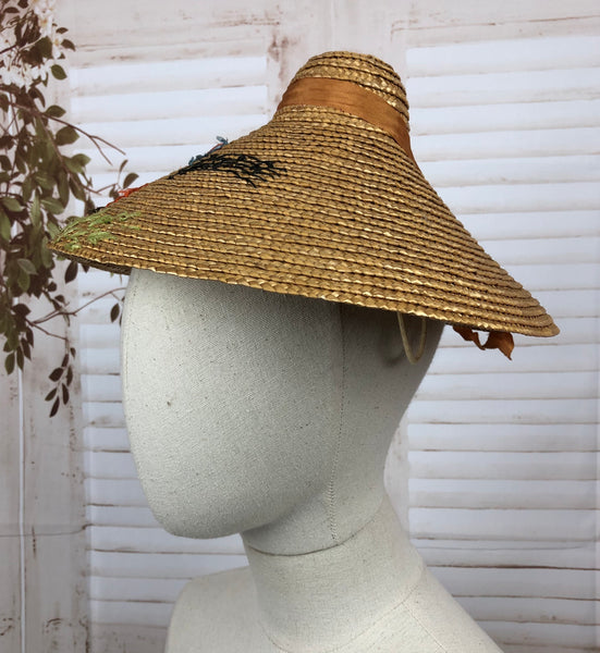 Original 1940s 40s Vintage Straw Oriental Inspired Singing Duck Sun Hat