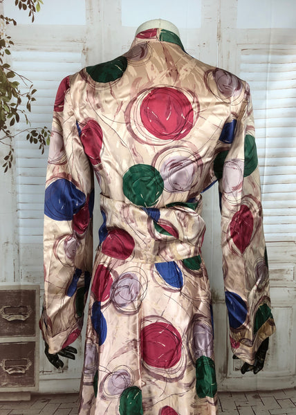 LAYAWAY PAYMENT 1 OF 2 - RESERVED FOR GERI - PLEASE DO NOT PURCHASE - Original 1940s 40s Vintage Pink Satin With Circular Pattern House Coat With Double Elevens Dinner Plate Rationing Labels