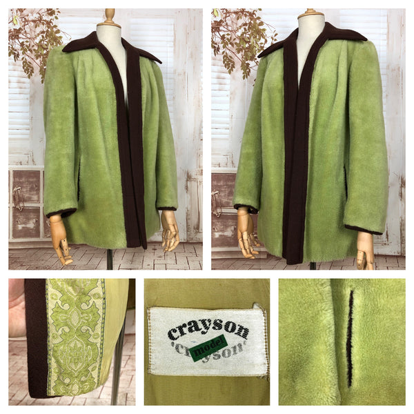 Rare Stunning Original 1940s Vintage Chartreuse Green And Brown Teddy Bear Swing Coat