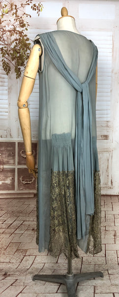 Super Rare Original 1920s Vintage Periwinkle Blue Chiffon Flapper Dress With Hold Lamé Lace