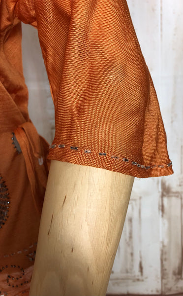 Rare Original 1920s Volup Vintage Rust Orange Silk Jersey Sweater With Beautiful Art Deco Beadwork