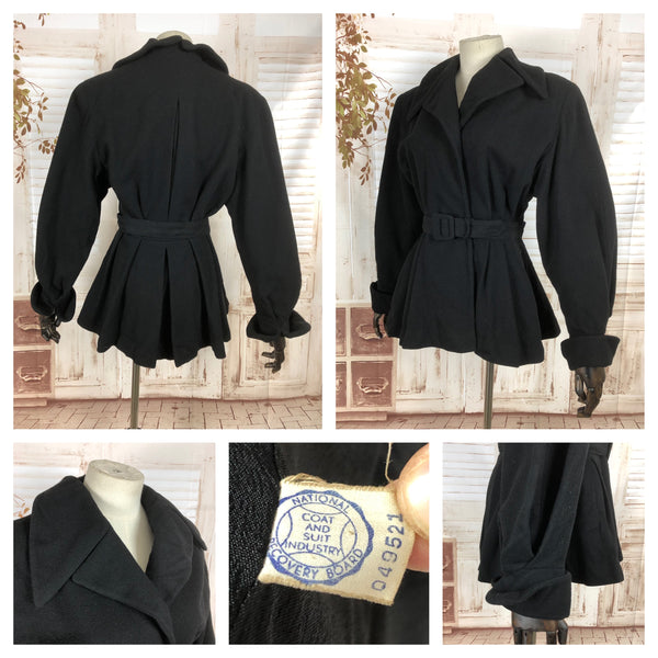 Original Vintage 1940s 40s Black Wool Wrap Belted Princess Jacket