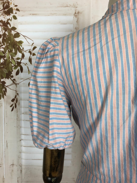 Original 1930s 30s Vintage Pale Blue And Pink Stripe Cotton Day Dress With Puff Sleeves