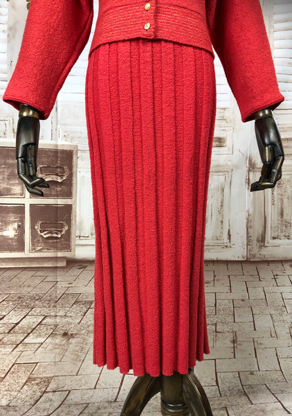 Rare Original Late 1940s / Early 1950s Volup Vintage Red Knit Sweater Set With Beading