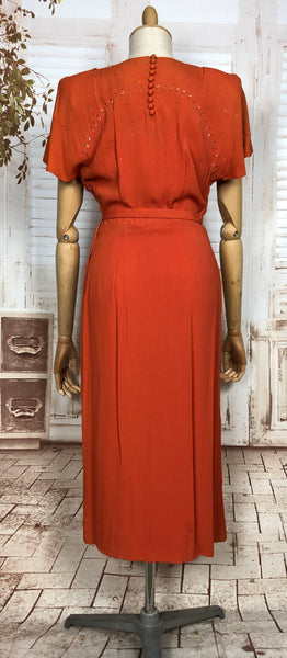 Exceptional Original Late 1930s / Early 1940s Orange Studded Cocktail Dress With Keyhole Detail