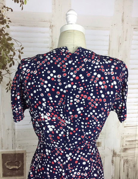Original 1940s 40s Vintage Navy Blue Red And White Rayon Novelty Print Summer Dress