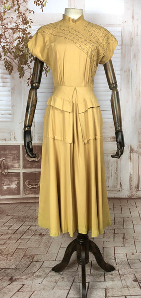 Incredible Original 1940s 40s Vintage Mustard Yellow Dress With Gold Soutache And Double Peplum