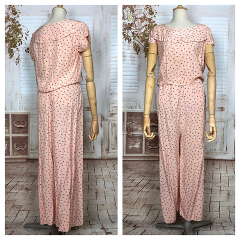 Amazing Original 1940s Vintage Pink Print Beach Pyjama Pajama Pant Set