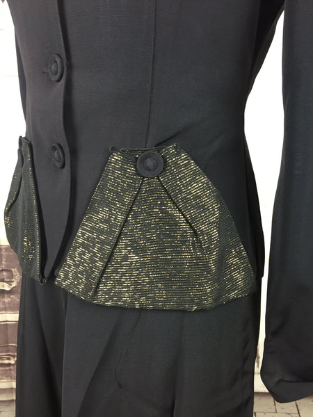 Original 1940s Black Faille Vintage Skirt Suit With Gold Lurex Collar And Pockets