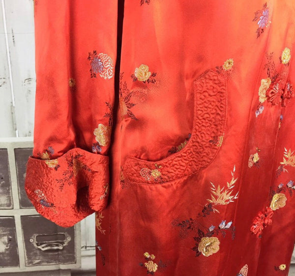 Original 1950s 50s Vintage Red Satin Asian House Coat