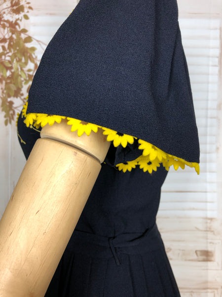 LAYAWAY PAYMENT 2 OF 2 - RESERVED FOR ELLIE - Wonderful Original 1940s Vintage Navy Blue French Dress With Mustard Yellow Daisy Appliqués