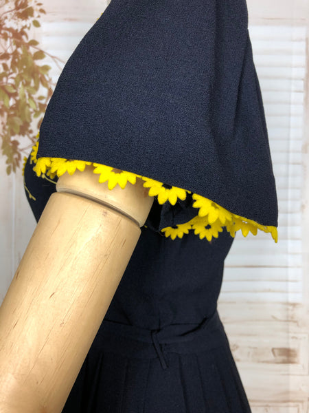 LAYAWAY PAYMENT 1 OF 2 - RESERVED FOR ELLIE - Wonderful Original 1940s Vintage Navy Blue French Dress With Mustard Yellow Daisy Appliqués