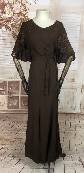 Original 1930s 30s Vintage Brown Crepe Gown With Beaded Cape Effect Shoulders