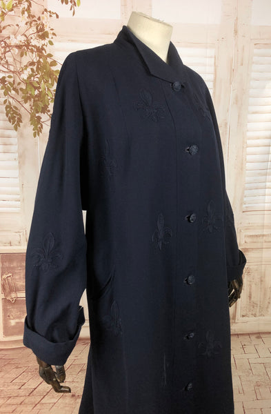 Original Late 1940s 40s Vintage Navy Blue Coat With Soutache Fleur De Lis Design By Forstmann