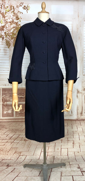 Beautiful Original Late 1940s / Early 1950s Vintage Navy Blue Skirt Suit With Appliqué Details
