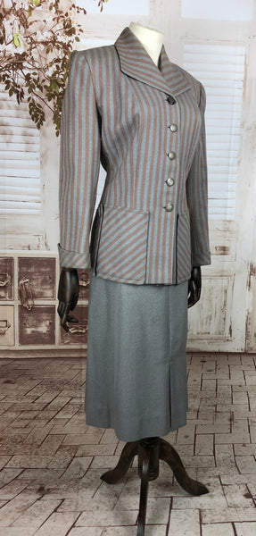 Original 1940s 40s Vintage Mauve Pink And Grey Striped Blazer Skirt Suit By Davidson’s Vassar Guild
