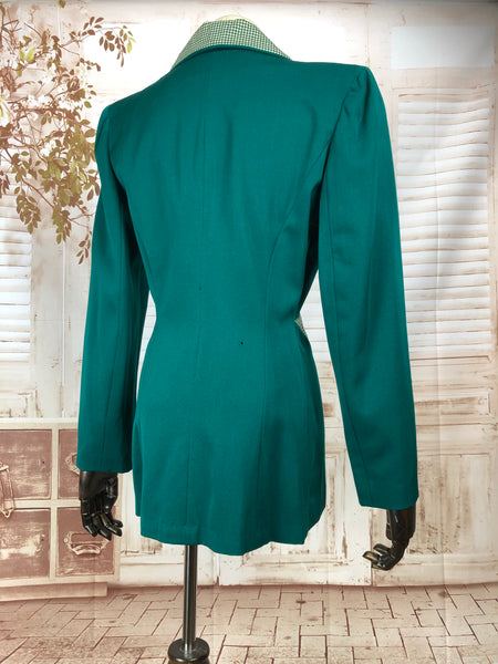 Incredible Original 1940s 40s Vintage Emerald Green Blazer With Gingham Details