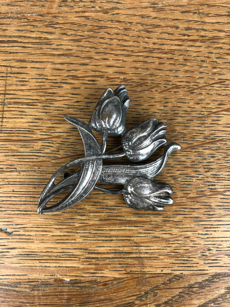 Art Nouveau Pewter Floral Tulip Brooch