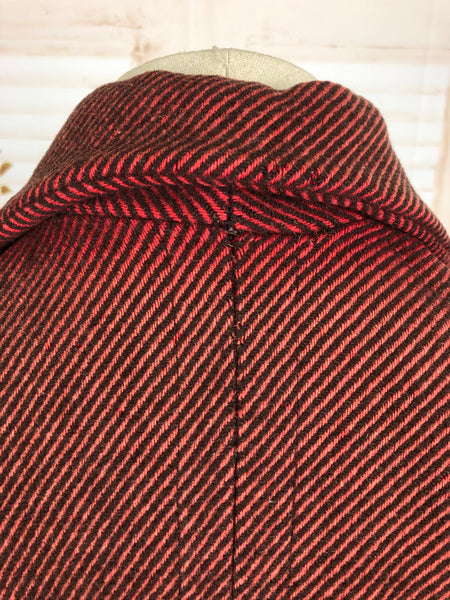 Original 1940s 40s Vintage Red Self Striped Wool Coat With Matching Beret Hat