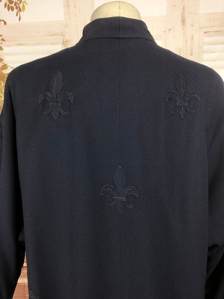 Original Late 1940s 40s Vintage Navy Blue Coat With Soutache Fleur De Lis Design By Forstmann