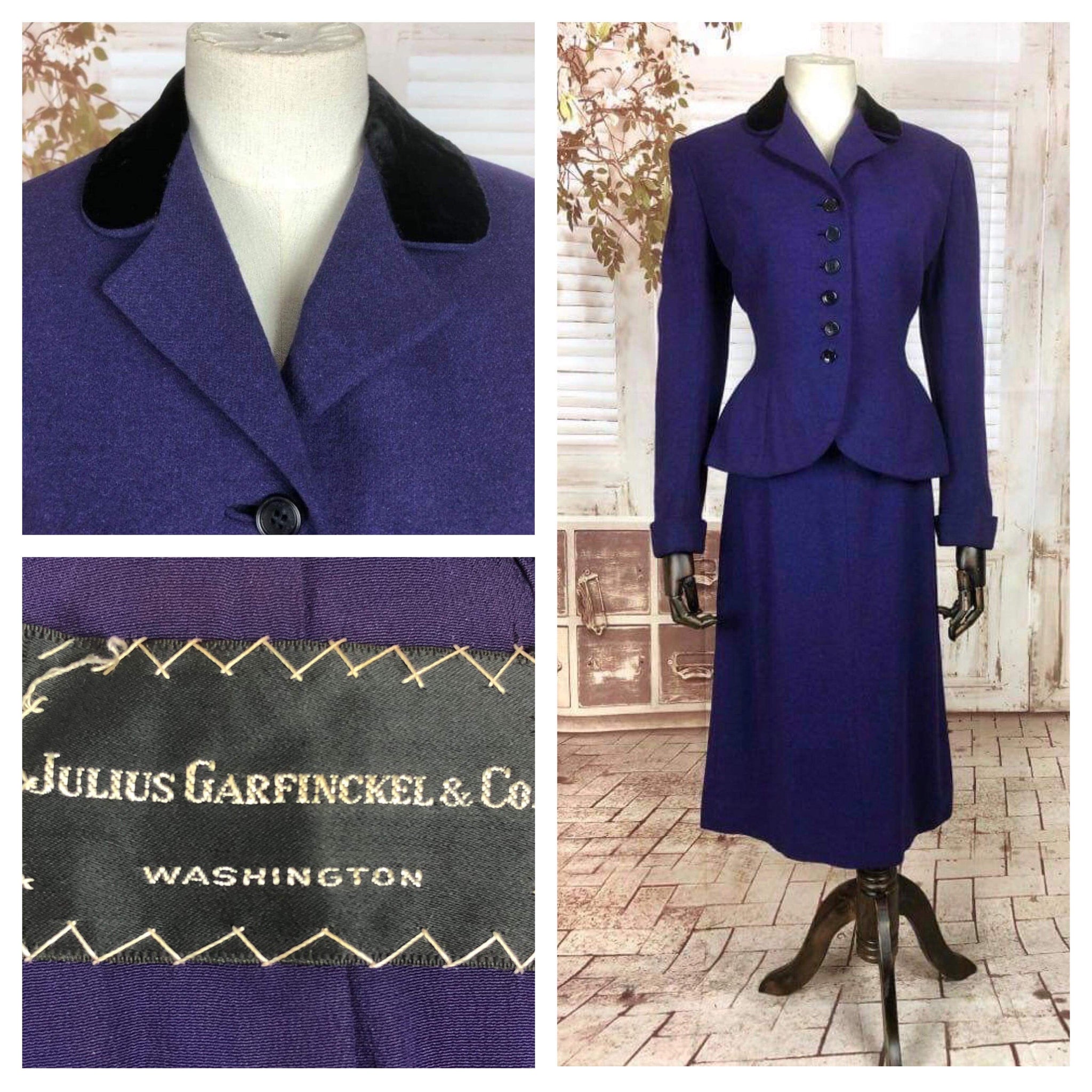 Original 1940s 40s Vintage Royal Purple Suit With Velvet Collar By Garfinckel