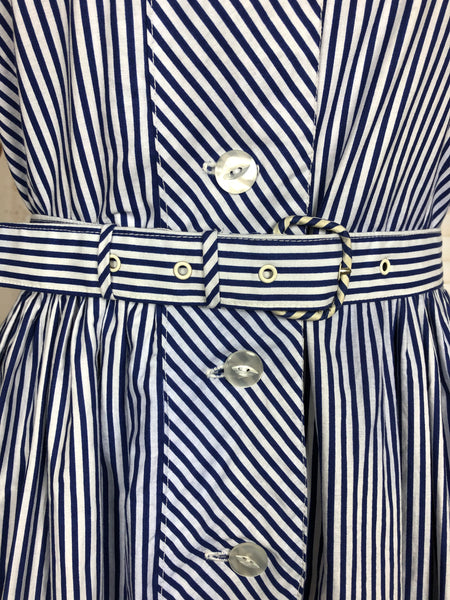 Stunning Original 1940s Vintage Blue And White Striped Belted Summer Dress