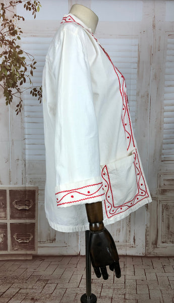 Rare Late 1940s / Early 1950s Vintage White And Red Hungarian Eastern European Embroidered Folk Smock Top Jacket