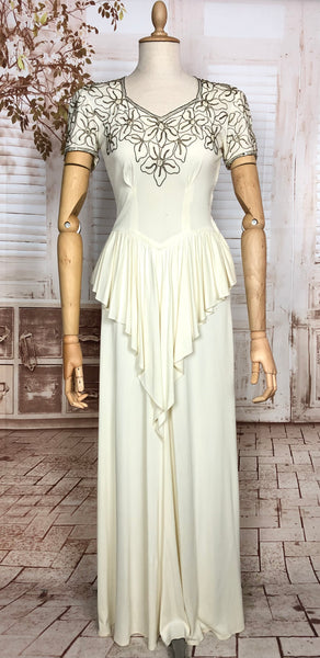 Incredible Original Late 1930s / Early 1940s White Evening Gown / Wedding Dress With Lamé Soutache And Waterfall Peplum