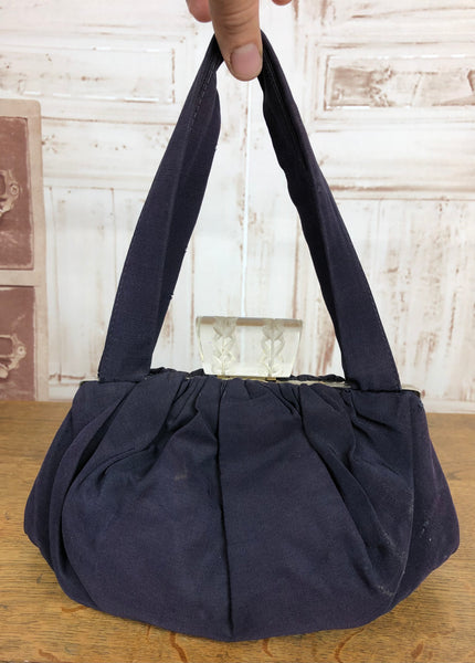 Fabulous Original 1940s Vintage Navy Blue Faille Handbag Purse With Huge Carved Lucite Clasp