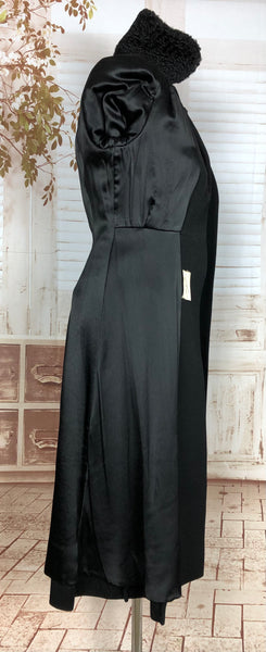Fantastic Original Early 1940s Vintage Black Fit And Flare Princess Coat With Astrakhan Collar