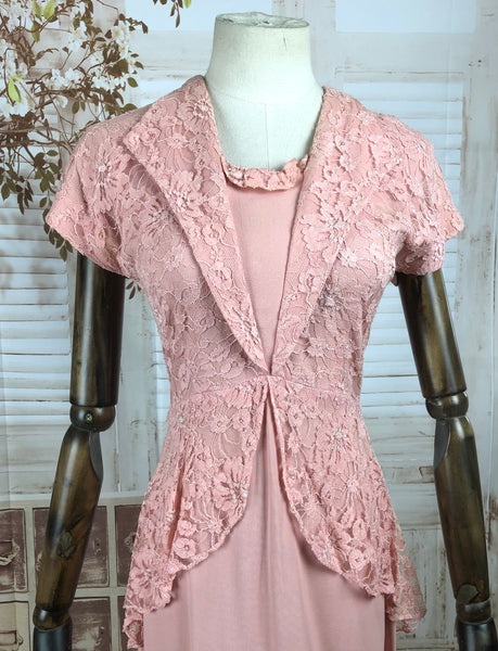 Original Vintage 1940s 40s Pink Crepe And Lace Dress By Adrian