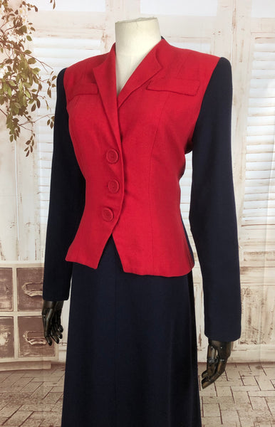 Original 1940s 40s Vintage Colour Block Navy And Red Skirt Suit