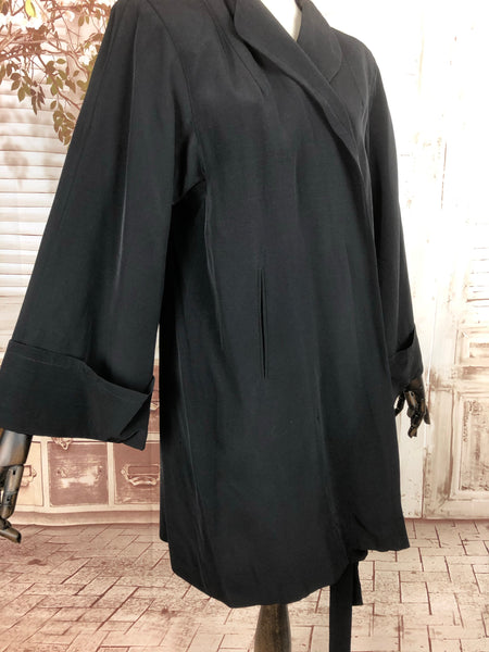 Incredible Original 1940s 40s Vintage Black Faille Belted Wrap Coat With Huge Fluted Sleeves