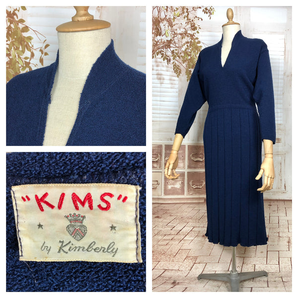 Beautiful Original Late 1940s / Early 1950s Volup Vintage Sapphire Blue Knit Dress By Kims