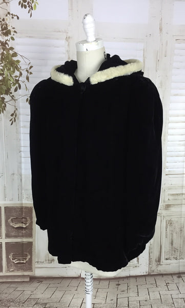 Original 1930s 30s Vintage Black Velvet Coat With Pixie Hood