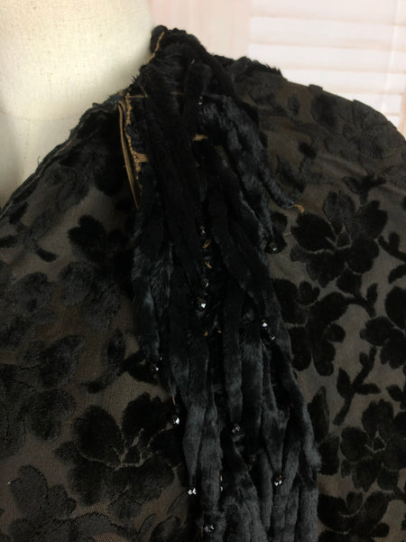 Original 1800s Victorian Raised Flower Pattern Devoré Velvet Cape With Mole Fur Tassels