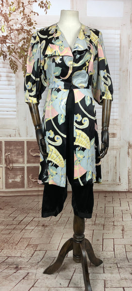 RESERVED FOR LESLEY - Original Vintage 1930s 30s Satin Tunic With Hawaiian Inspired Floral Print