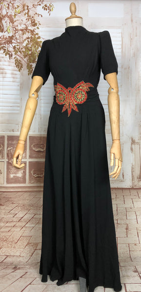 Super Rare Original 1930s Vintage Black Puff Sleeve Old Hollywood Evening Gown With Red And Gold Lamé Appliqué Embroidery By Stamp Taylor