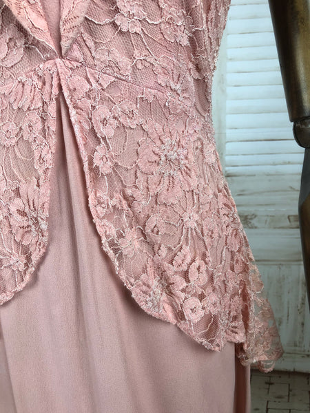 Original Vintage 1940s 40s Pink Crepe And Lace Dress By Adrian