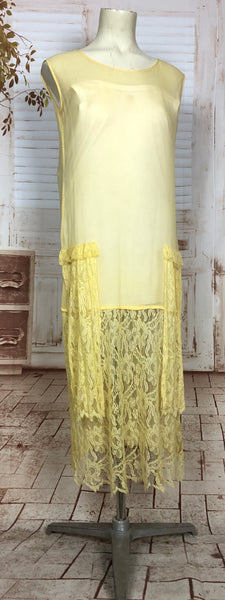 Beautiful Original 1920s Vintage Lemon Yellow Chiffon And Lace Art Deco Flapper Dress