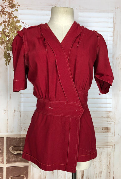 Fabulous Original 1940s Vintage Red Gabardine Pant Suit Sportswear Jacket