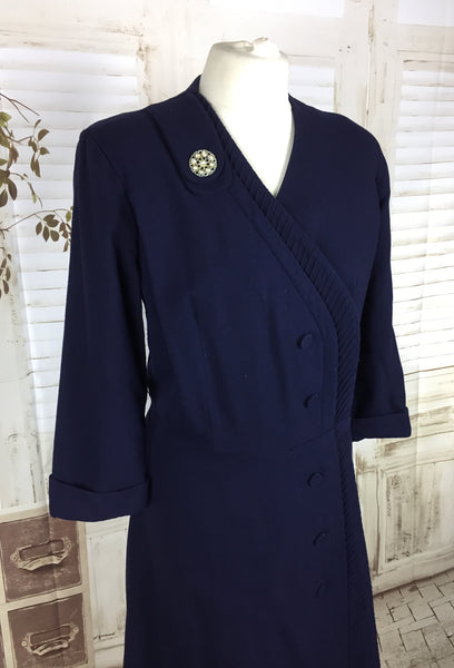 Original 1940s 40s Volup Vintage Navy Blue Wool Asymmetric Pin Tucked Day Dress